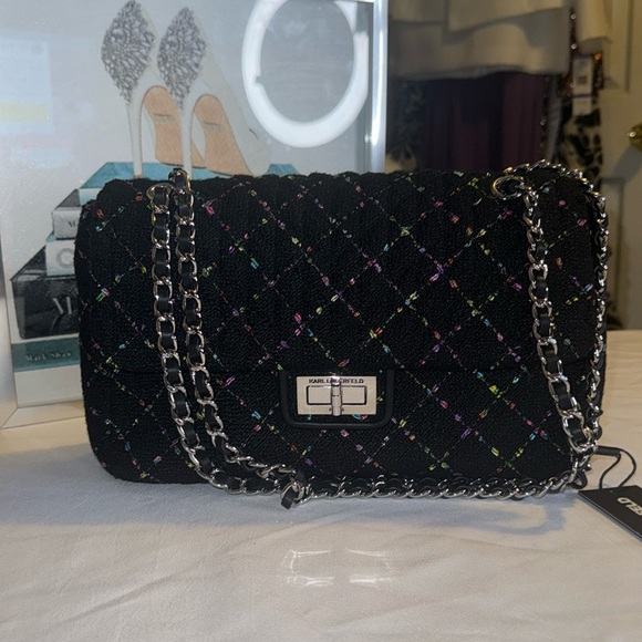 Karl Lagerfeld Embellished Boucle Black & Multi Color Fabric Shoulder Bag NWT - Picture 1 of 10